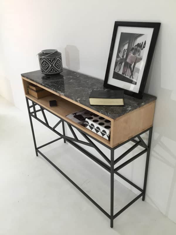 console meuble d'entrée en bois, marbre et pied original en métal
