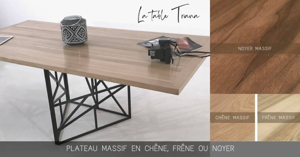 Table à manger bois et métal avec plateau massif au choix et pied au design original by Danny Da Pozzo