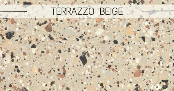 céramique effet Terrazzo avec un fond beige et des éléments brun, ocre, orange et noir