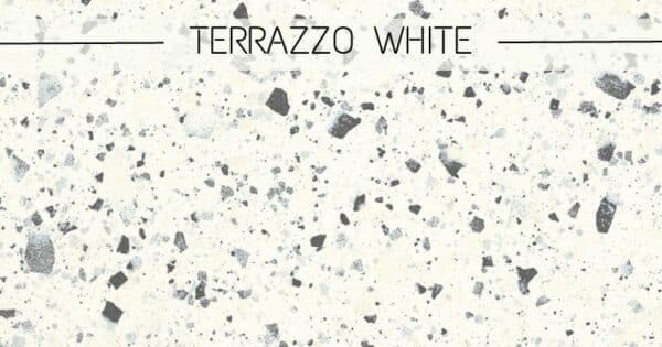 céramique effet Terrazzo avec un fond blanc et des éléments gris et noir