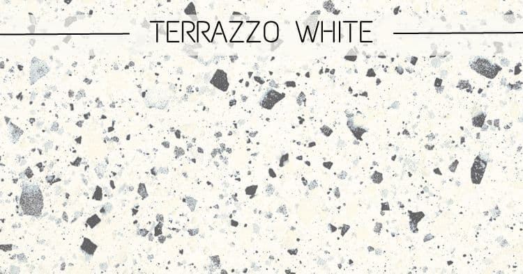 céramique effet Terrazzo avec un fond blanc et des éléments gris et noir