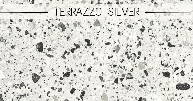 céramique effet Terrazzo avec un fond gris perle et des éléments blanc, gris et noir