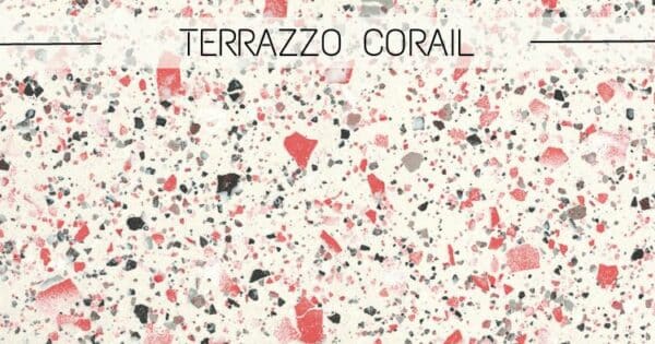 céramique effet Terrazzo avec des extraits de couleur rose, corail, gris avec un fond blanc