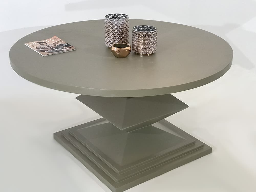 Table repas ronde avec piétement en métal laqué de couleur taupe et plateau également en métal laqué