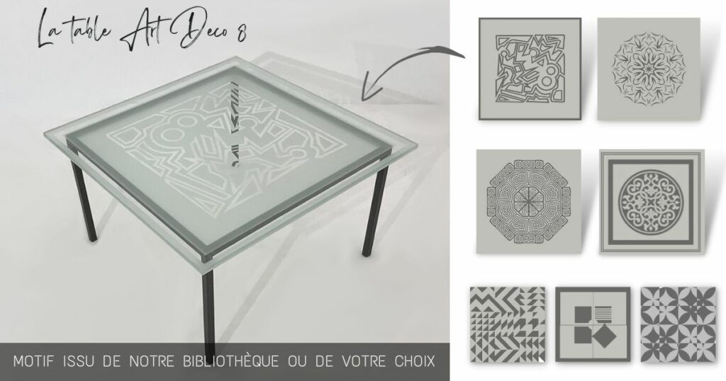 table basse en verre design, de forme carrée avec motifs design sablés sur le verre