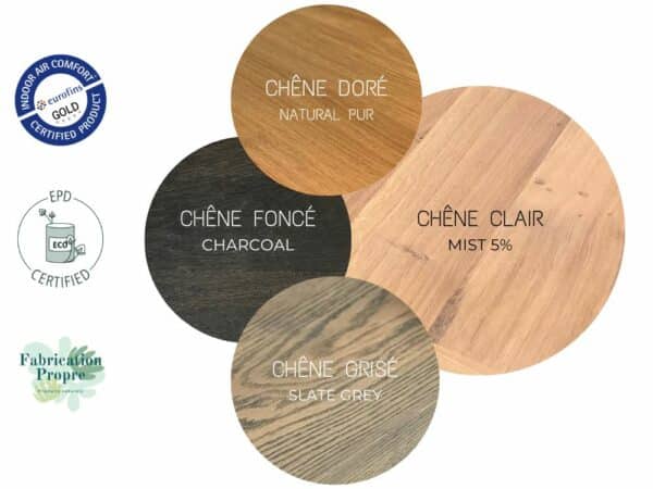 Choix possibles pour le bois massif de qualité Premium. Finition huilée avec plusieurs teintes au choix.