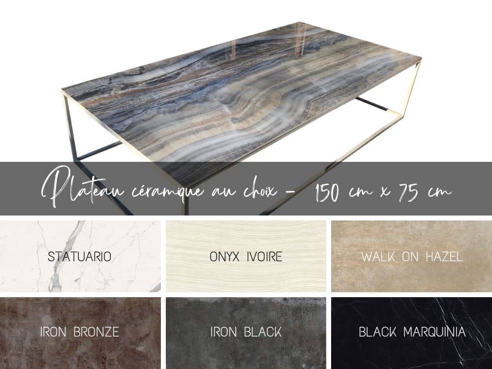 table basse rectangulaire en céramique et métal, plateau design au choix, 150 cm x 75 cm