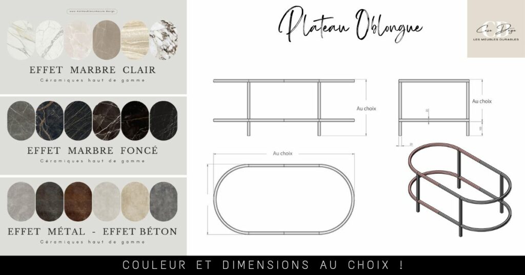 plan de la table basse de forme Oblongue, céramique italienne design au choix : effet marbre, effet métal, effet béton