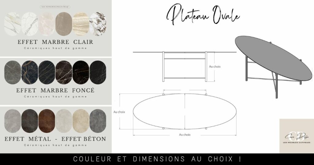 plan de la table basse ovale, céramique italienne design au choix : effet marbre, effet métal, effet béton