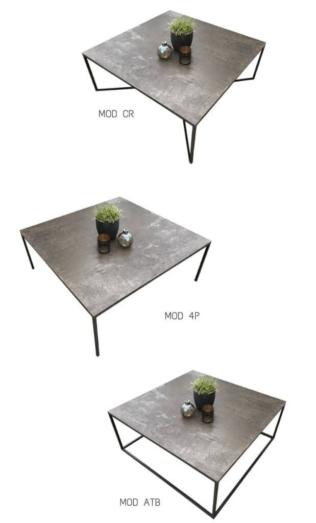 Les différents modèles de pieds possibles pour la table basse carrée 80 x 80 cm en céramique