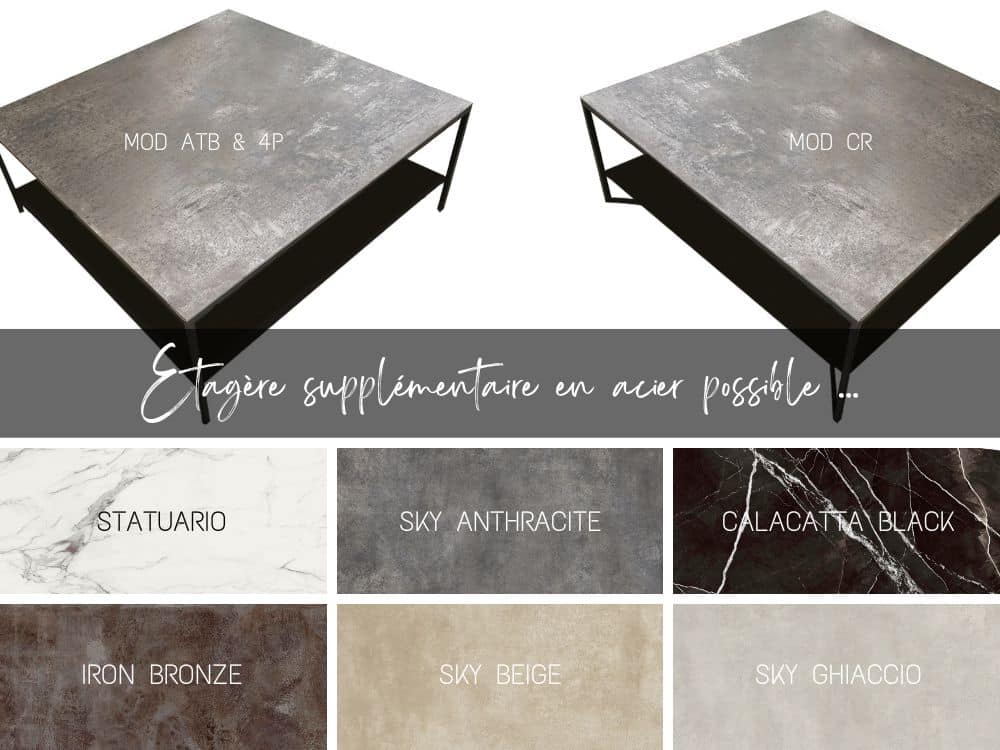 table basse carrée double plateau : céramique et métal noir