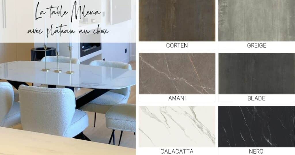 Choix possibles pour le plateau en céramique italienne : imitation marbre ou imitation acier.