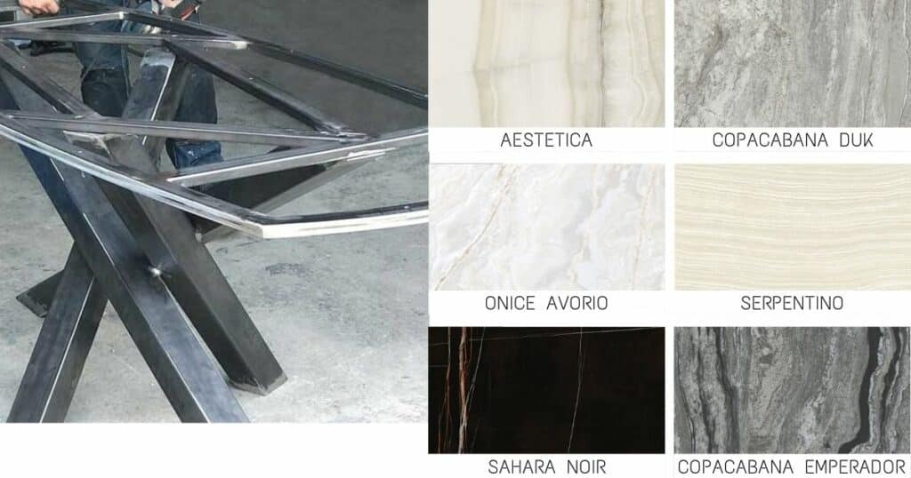 Choix possibles pour le plateau en céramique : imitation marbre gris, onyx beige ou Pierre magmatique.