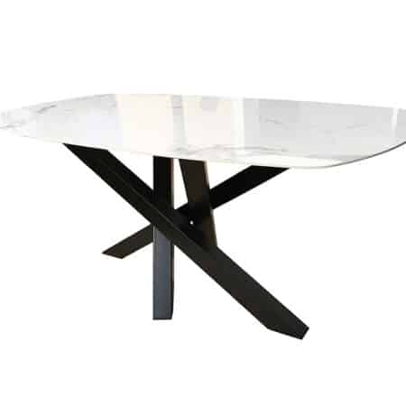 Table avec plateau céramique et pied central original en métal.