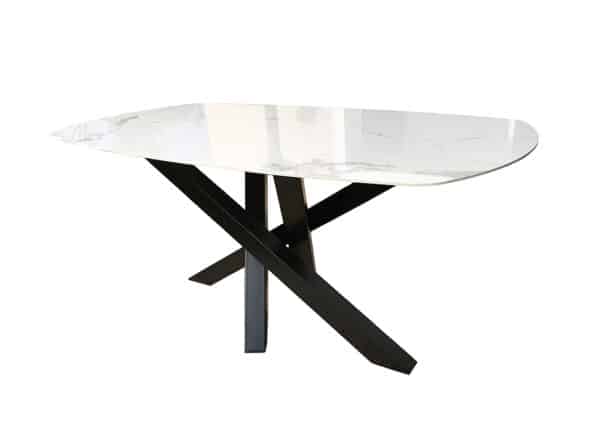 Table avec plateau céramique et pied central original en métal.