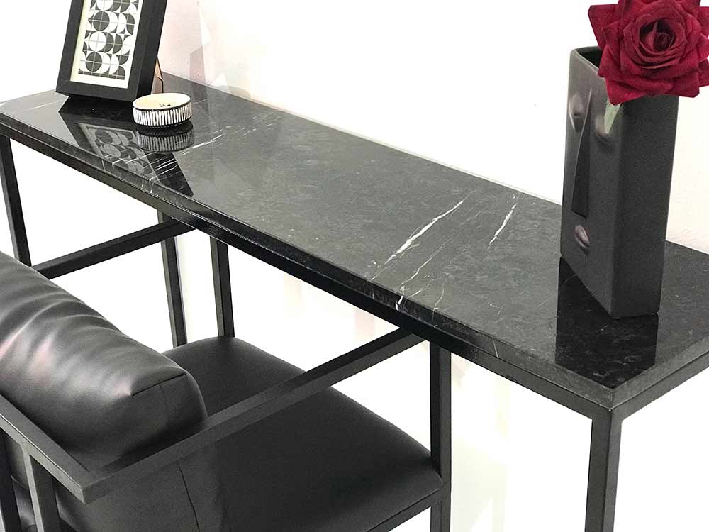 console bureau en marbre noir et acier laqué noir