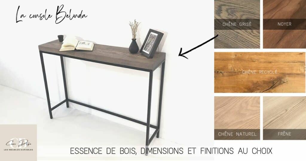 meuble console bois métal de style Industriel Chic avec plateau chêne et pied en métal, finitions haut de gamme