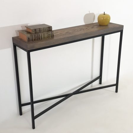 table console bois de chêne et pied en métal croisé, original, laqué noir
