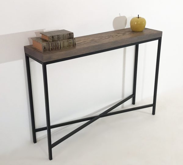 table console bois de chêne et pied en métal croisé, original, laqué noir