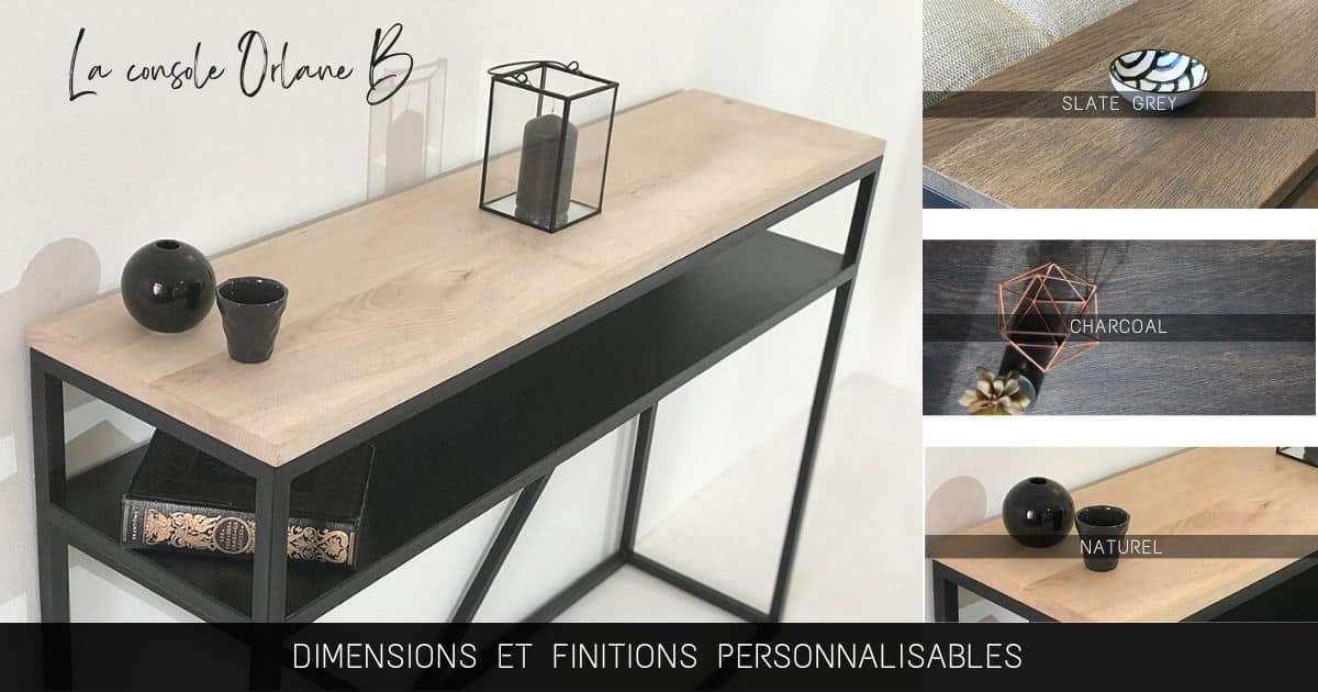 Console meuble au design Industriel Chic avec plateau en bois naturel et étagère en métal noir