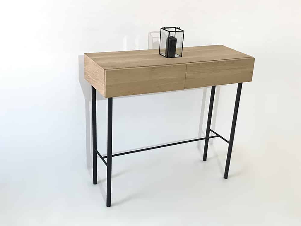 console d'entrée design bois métal avec 2 tiroirs et pied en forme de H.