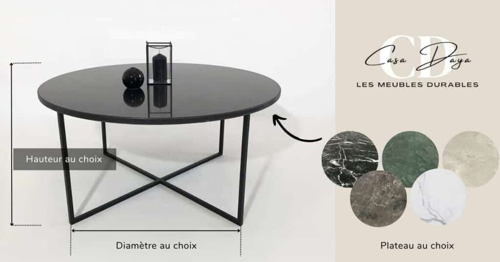 table basse ronde en granit noir ou en marbre, pied métal en forme de Croix