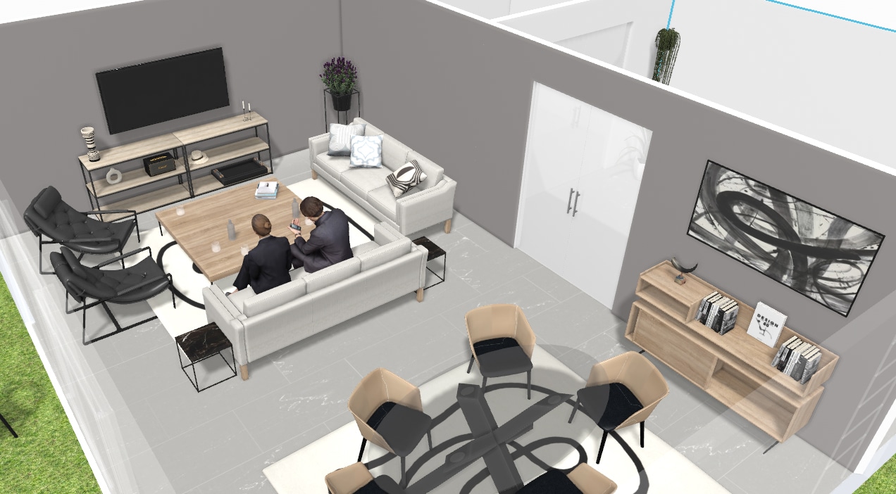 Plan d'implantation 3D en vue de dessus avec les espaces salon et salle à manger, entièrement meublés et décorés.