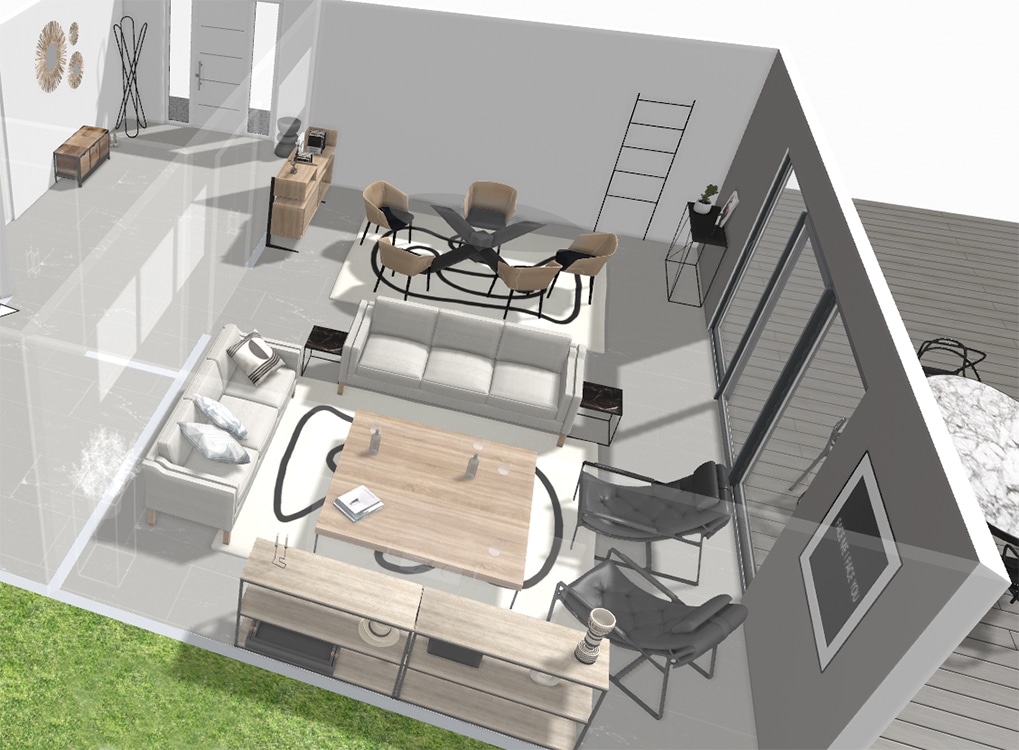 Vue du salon en 3D, pour visualiser l'intérieur sur-mesure avec canapé, meubles sur-mesure et objets de décoration.