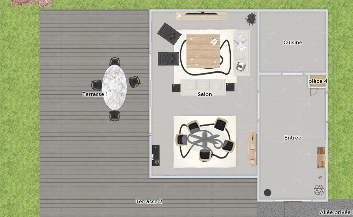 Plan en vue de dessus du salon, cuisine, entrée et la terrasse extérieure. Aménagement et décoration sur-mesure.