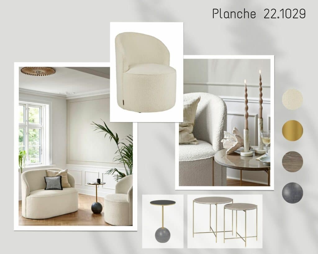 Moodboard, planche d'inspiration représentant le canapé de salon en tissu bouclé blanc associé à 2 tables basses au choix