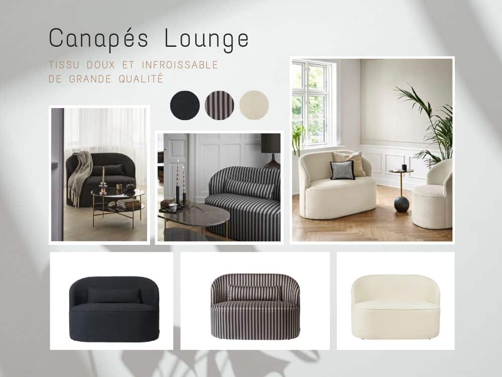 Canapés de salon proposés avec différentes variantes de couleurs : blanc, charbon et gris à rayures.
