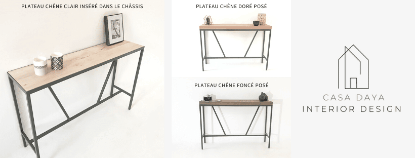 console design bois metal avec plateau posé ou inséré dans le chassis