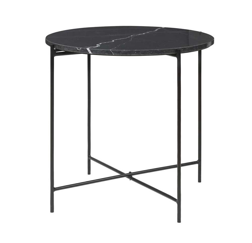 table gigogne ronde avec plateau rond en marbre noir et pied en métal noir très fin.