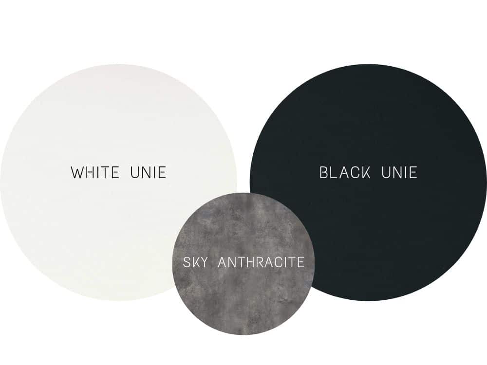 plateaux ronds en céramique blanche unie, noire unie et gris anthracite