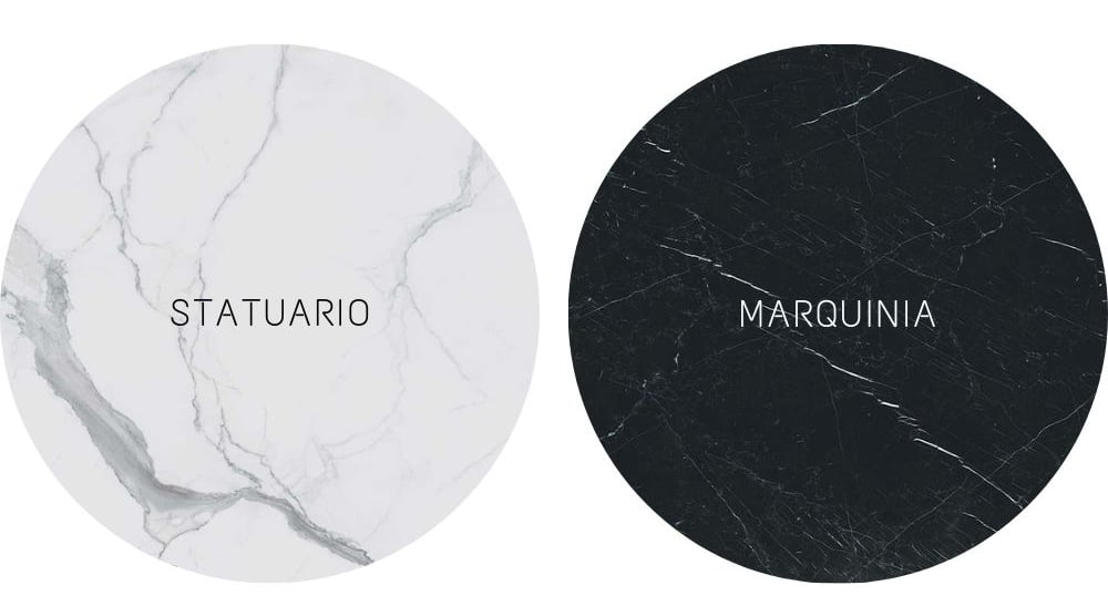 plateaux ronds en céramique : imitation marbre blanc et imitation marbre noir.