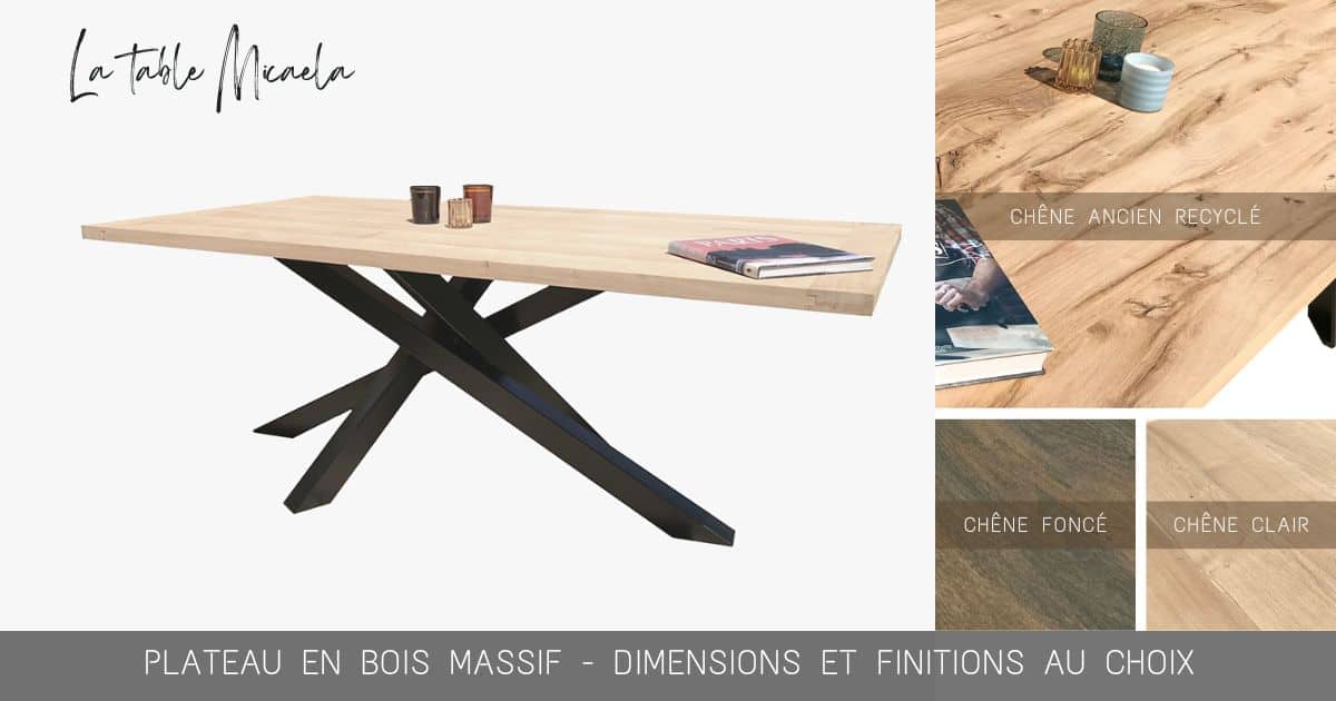 Table de salle à manger Micaela, plateau en chêne massif et pied en métal au design original