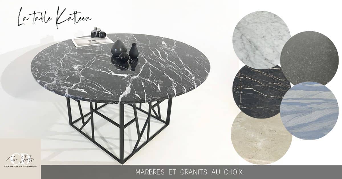 fabrication de meubles sur-mesure : table à manger ronde en marbre, pied au design original exclusif
