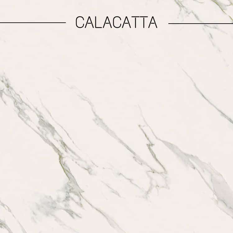 découpe plateau carré en céramique, imitation métal foncé, imitation marbre calacatta, de couleur blanche avec veines grises