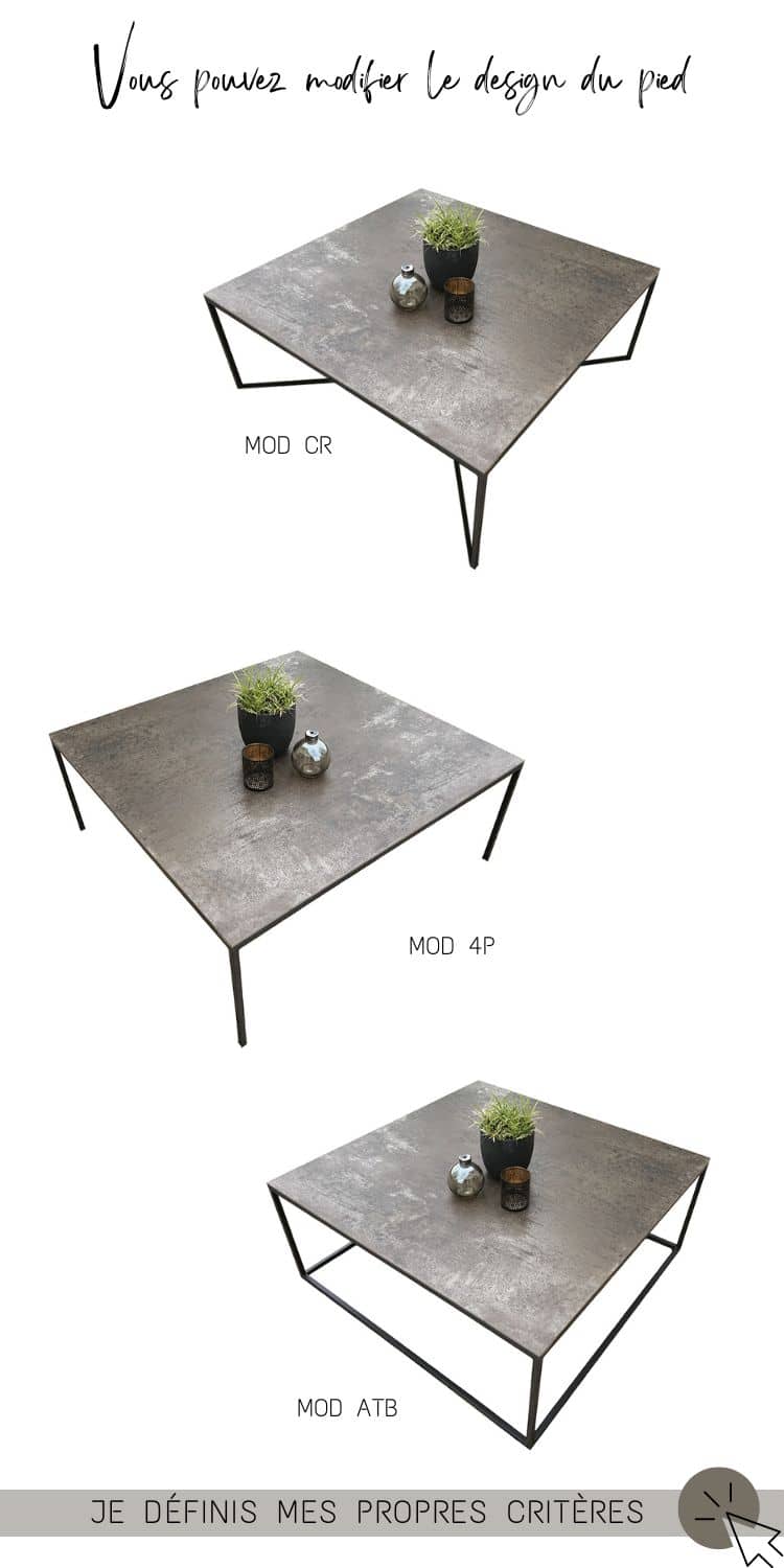 Plusieurs design possibles pour le pied en métal de la table basse carrée en céramique