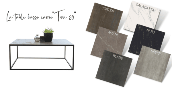 table basse carrée 80 cm x 80 cm avec plateau en céramique au choix et pied en métal tubulaire carré