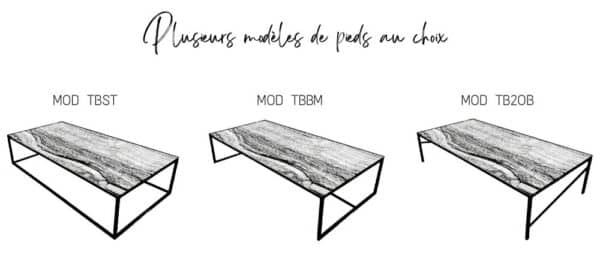 Modèles de pieds disponibles pour la grande table basse rectangulaire avec plateau en céramique