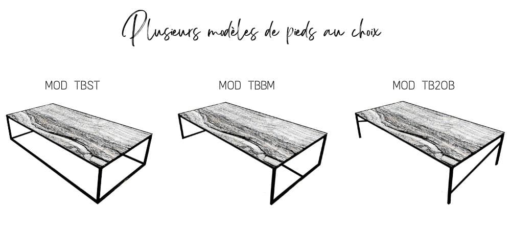Modèles de pieds disponibles pour la table basse céramique rectangulaire 150 cm