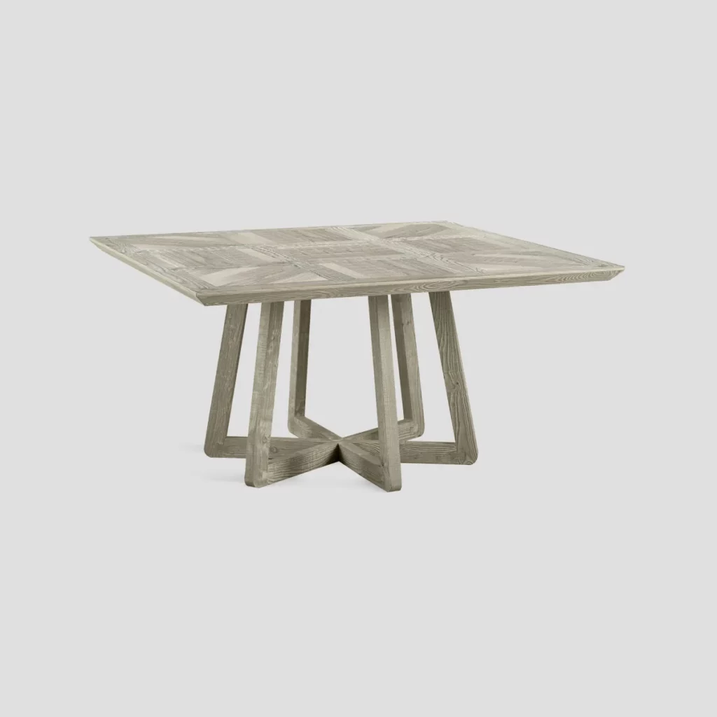 table à manger carrée avec plateau en bois et pied central en bois, finition Forest