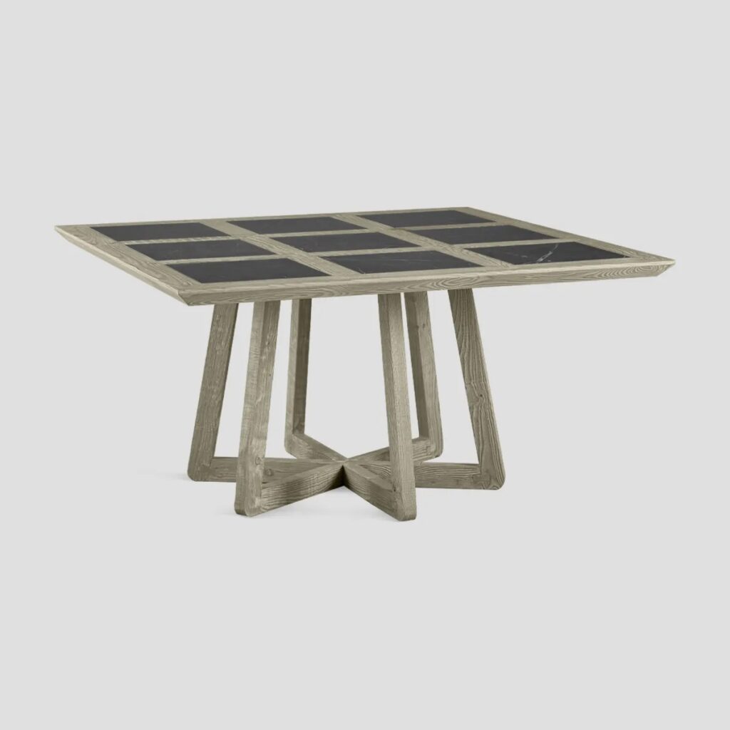table à manger carrée avec plateau en bois et céramique, pied central en bois, finition Forest.