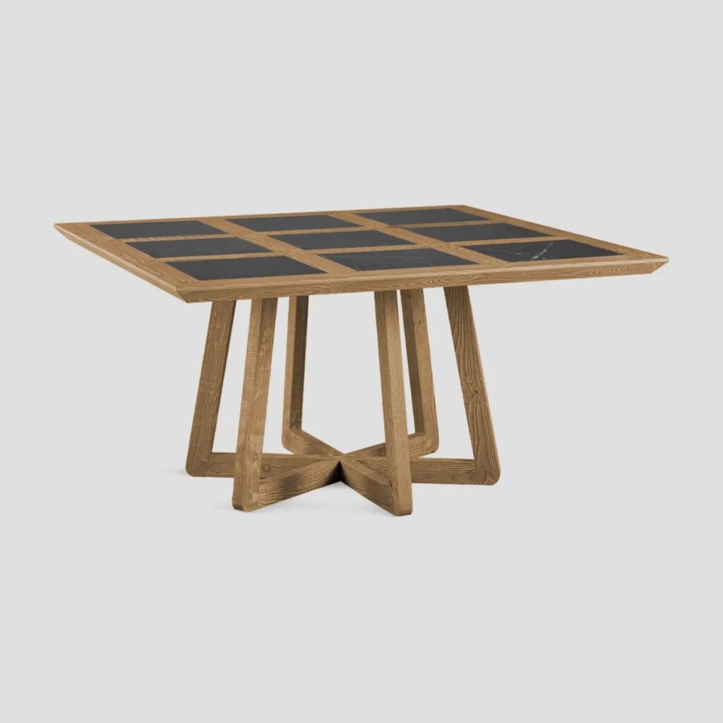 table à manger carrée avec plateau en bois et céramique, pied central en bois, finition Old Pine.