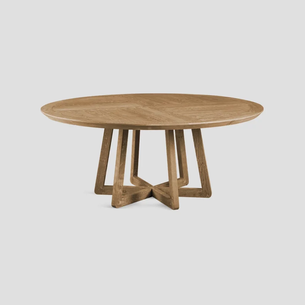 Table à manger ronde en bois massif avec pied central original, finition Old Pine