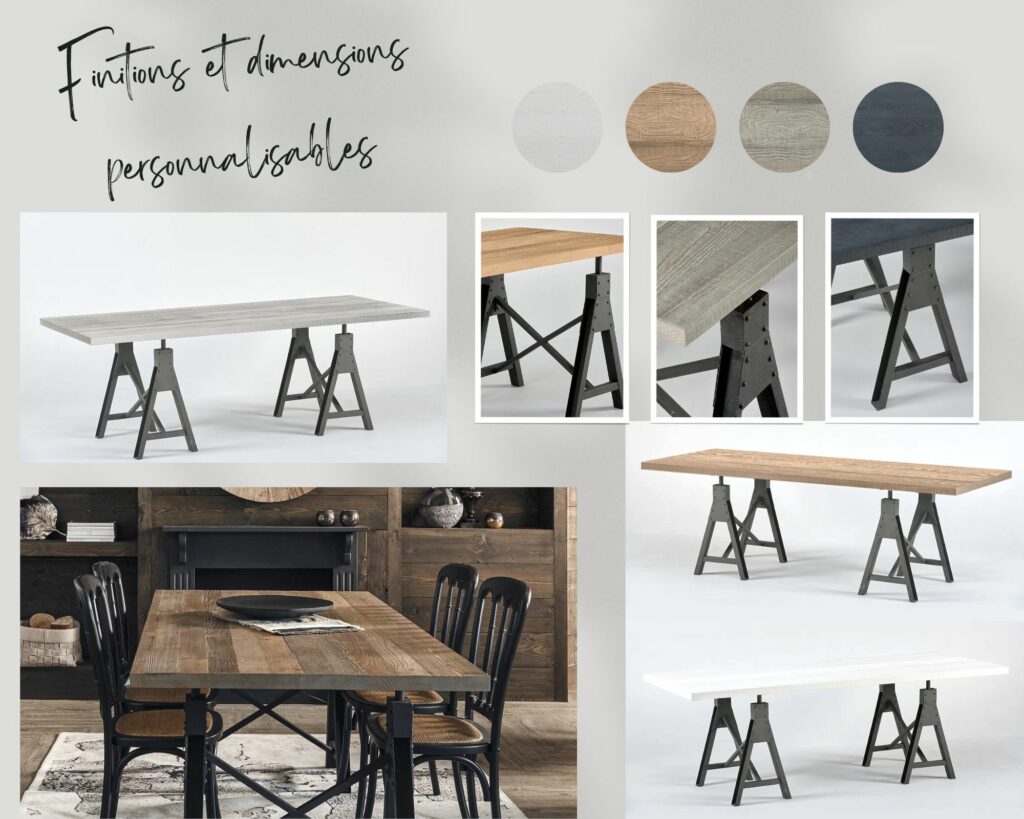 Table de style industriel avec pieds treteaux en métal noir et plateau en bois au design personnalisable.