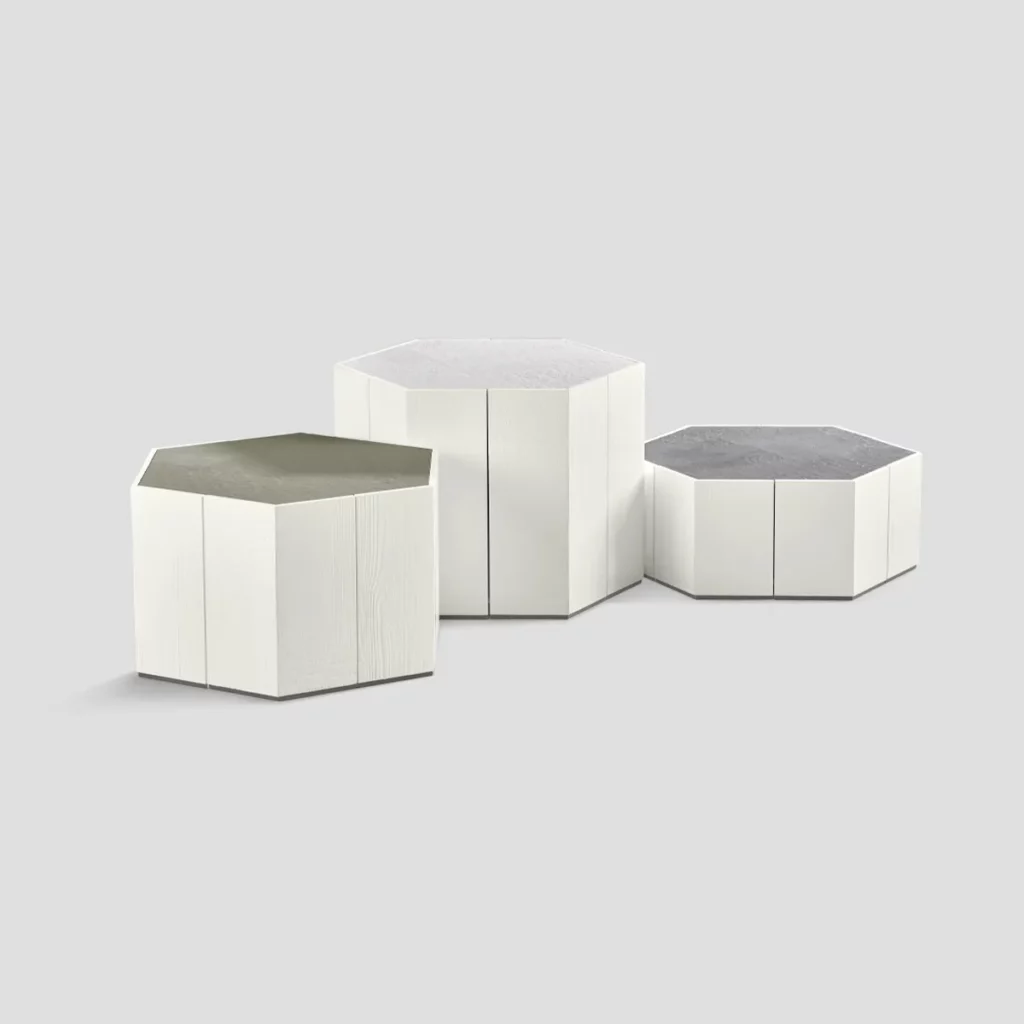 tables basses hexagonales en bois massif et céramique, finition Neve