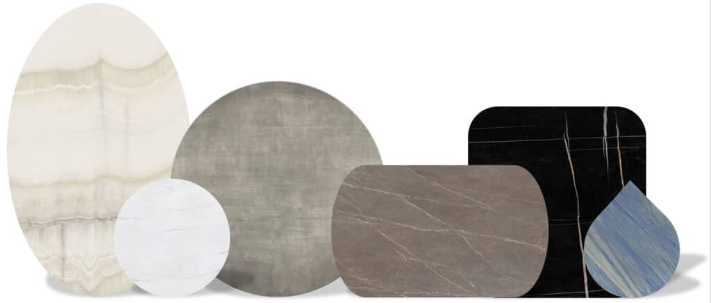 Plusieurs plateaux en céramique de formes et de couleurs différentes : ovale, rond, biscuit, carré, goutte d'eau