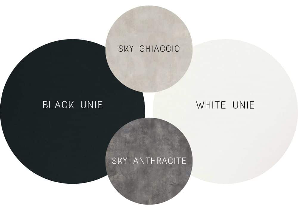 plateaux ronds en céramique uni noir, uni blanc et effet ciment teinté